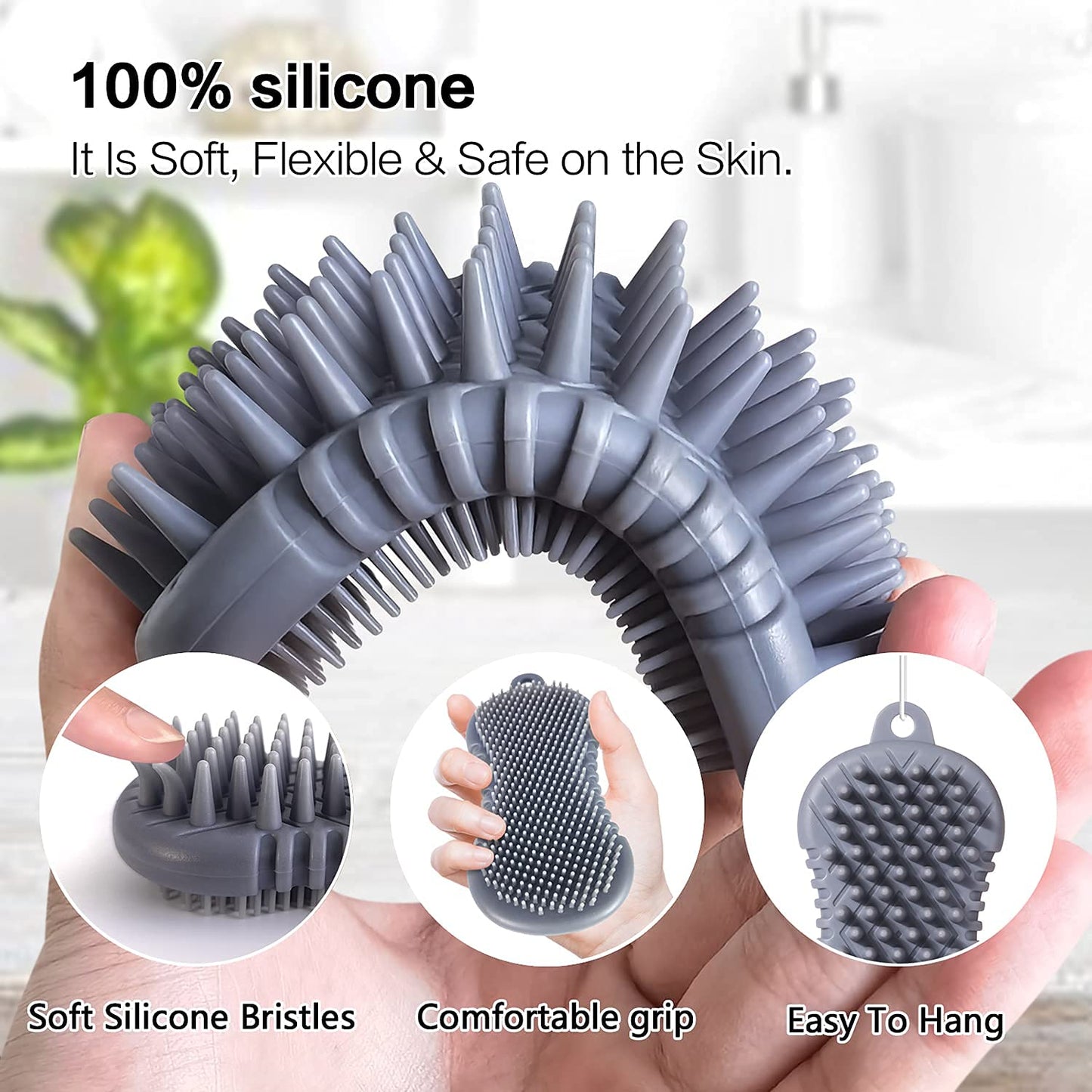 Pet Grooming Shampoo Brush, 2021 Newest Silicone Bath Brush Soothing Massage Bristles for Dogs and Cats with Long Short Hair Washing, Gently Removes Loose & Shed Fur (5 Inch, Slate Gray)