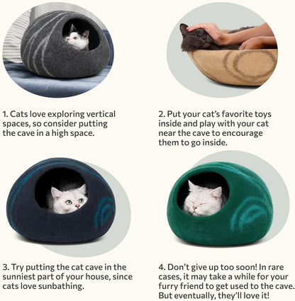Cat Cave – Premium Felt Cat Bed for Indoor Cats, Handmade 100% Merino Wool (Aquamarine, Medium)