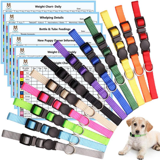 12 PCS Puppy Collars for Litter Puppy ID Collars Whelping Puppy Collars Safety Buckle Soft Nylon Breakaway Collars with 6 Record Keeping Charts(S)