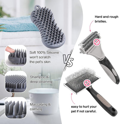 Pet Grooming Shampoo Brush, 2021 Newest Silicone Bath Brush Soothing Massage Bristles for Dogs and Cats with Long Short Hair Washing, Gently Removes Loose & Shed Fur (5 Inch, Slate Gray)