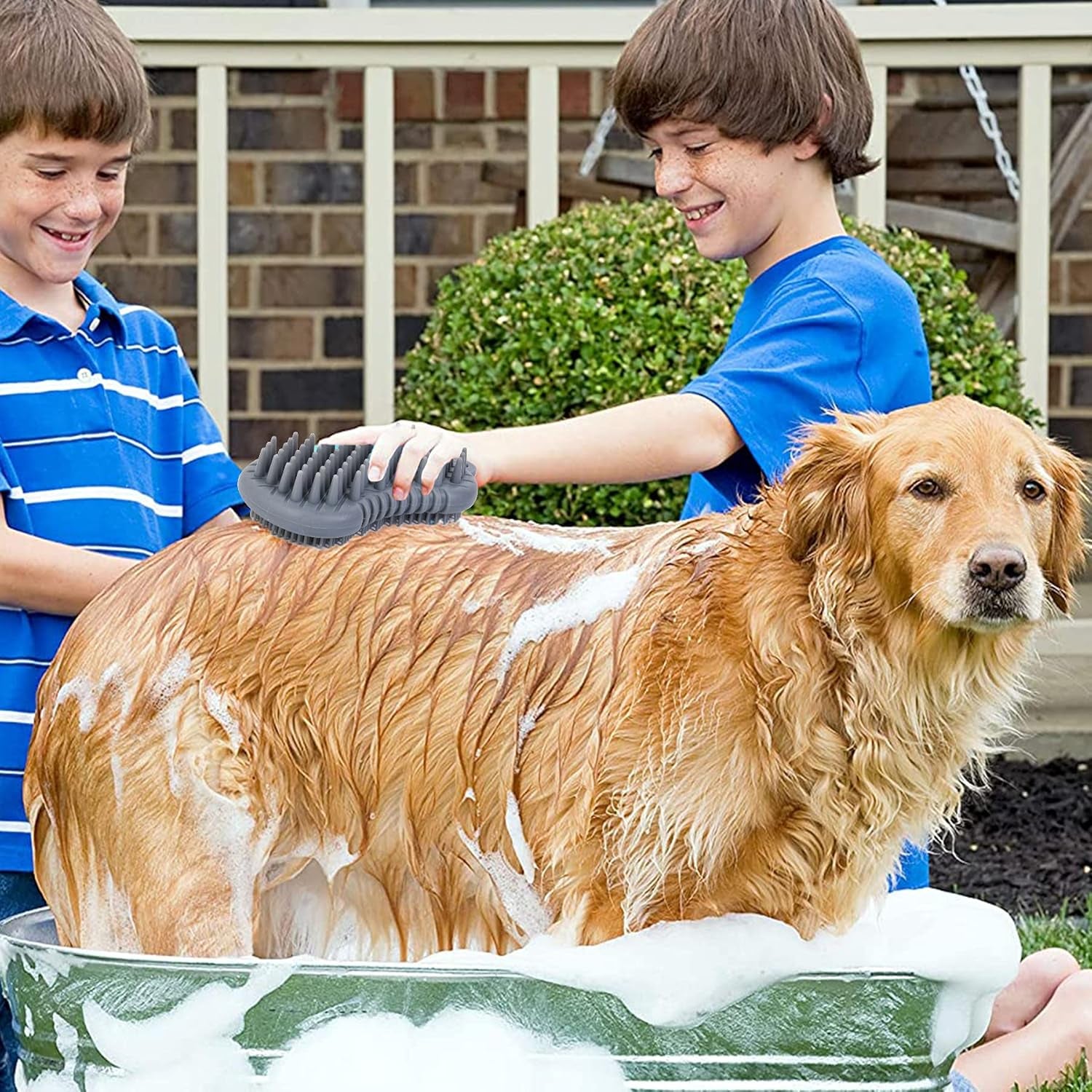 Pet Grooming Shampoo Brush, 2021 Newest Silicone Bath Brush Soothing Massage Bristles for Dogs and Cats with Long Short Hair Washing, Gently Removes Loose & Shed Fur (5 Inch, Slate Gray)